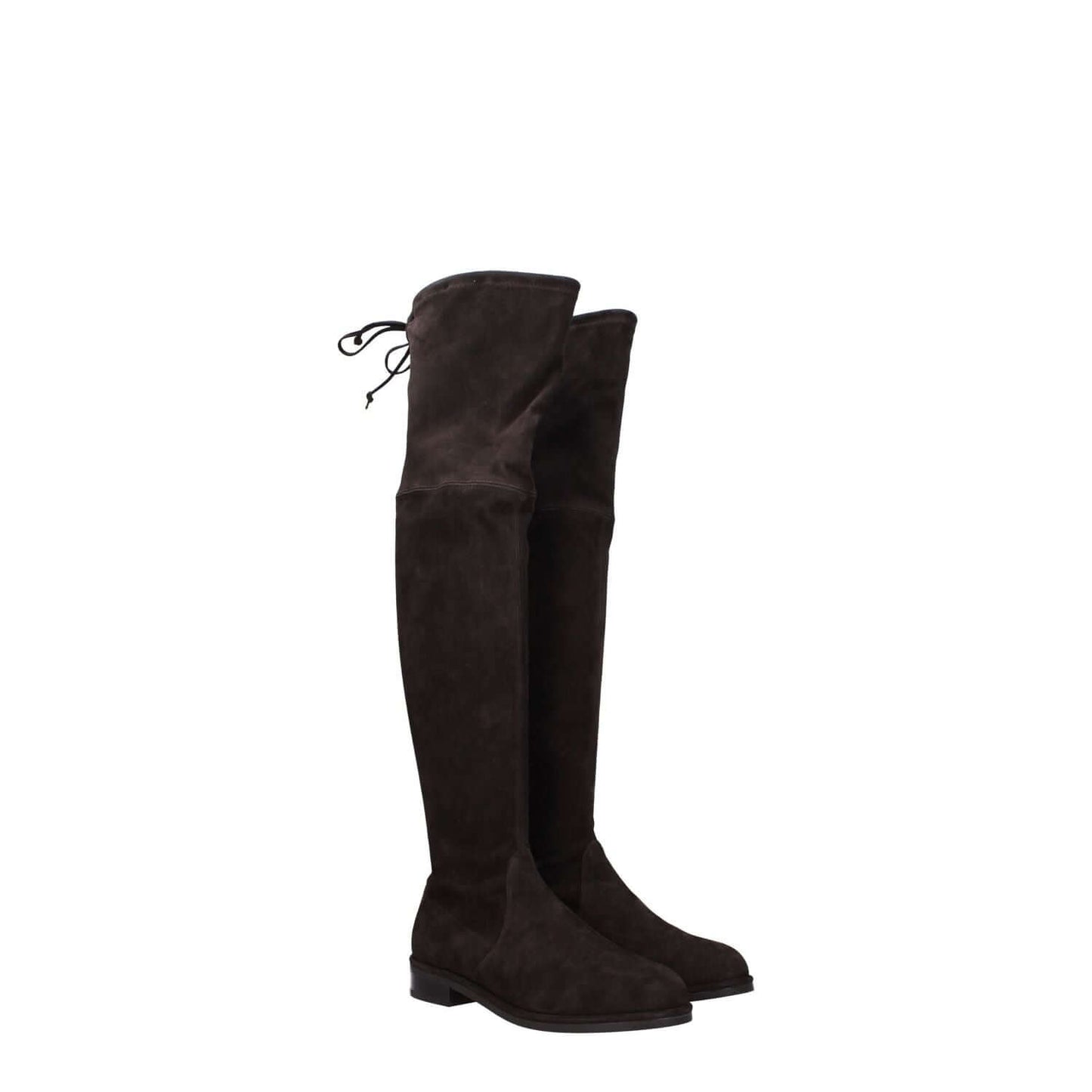 Stuart Weitzman Brown Leather Over The Knee boots, suede material, round toe, low flat heel, self-tie closure, casual style.