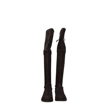 Stuart Weitzman Brown Leather Over The Knee boots, suede design with self-tie closure, round toe, low flat heel, casual style.