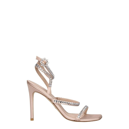 Stuart Weitzman Pink Satin Stiletto Heel Sandals with rhinestone straps and buckle closure, open toe high heel design.
