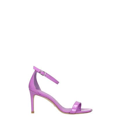 Stuart Weitzman Purple Leather Stiletto Heels Sandals with buckle closure and open toe design, featuring a mid heel height of 8 cm.