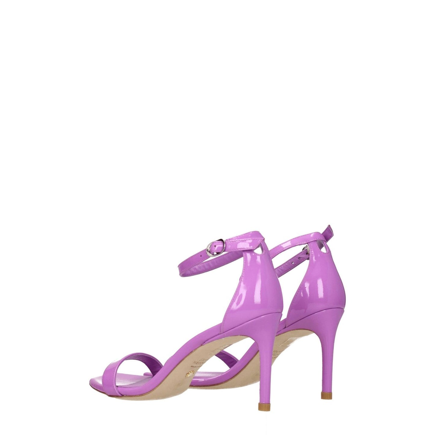 Stuart Weitzman Purple Leather Stiletto Heels Sandals in lilac patent leather with buckle closure and mid heel design, open toe.