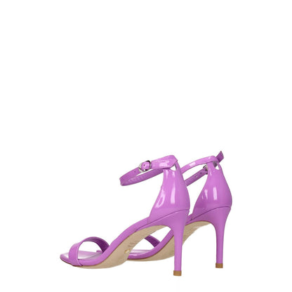 Stuart Weitzman Purple Leather Stiletto Heels Sandals in lilac patent leather with buckle closure and mid heel design, open toe.