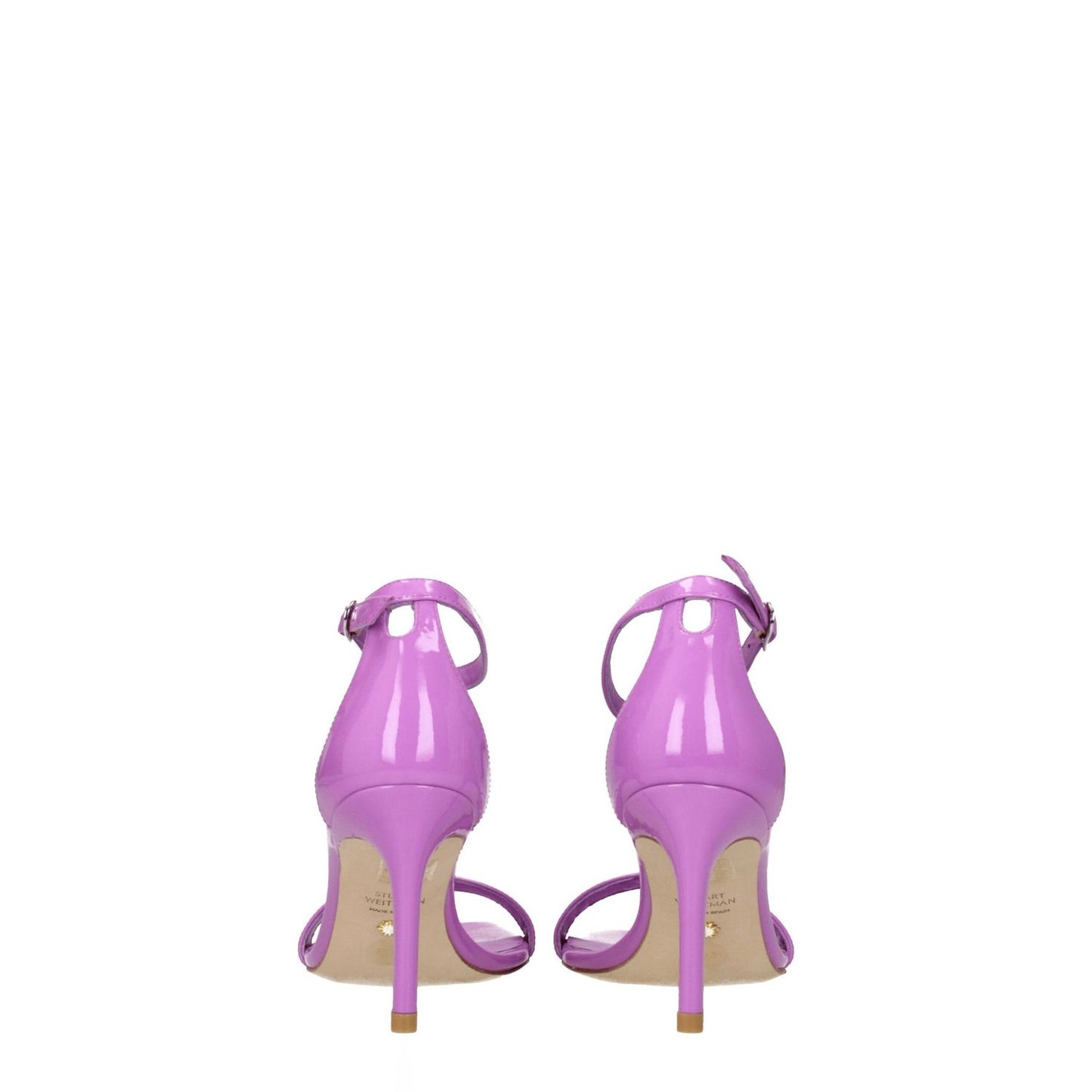 Stuart Weitzman Purple Leather Stiletto Heels Sandals with buckle closure, open toe design, mid heels in violet patent leather.