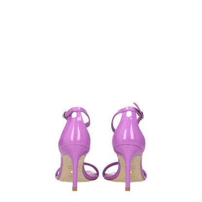 Stuart Weitzman Purple Leather Stiletto Heels Sandals with buckle closure, open toe design, mid heels in violet patent leather.