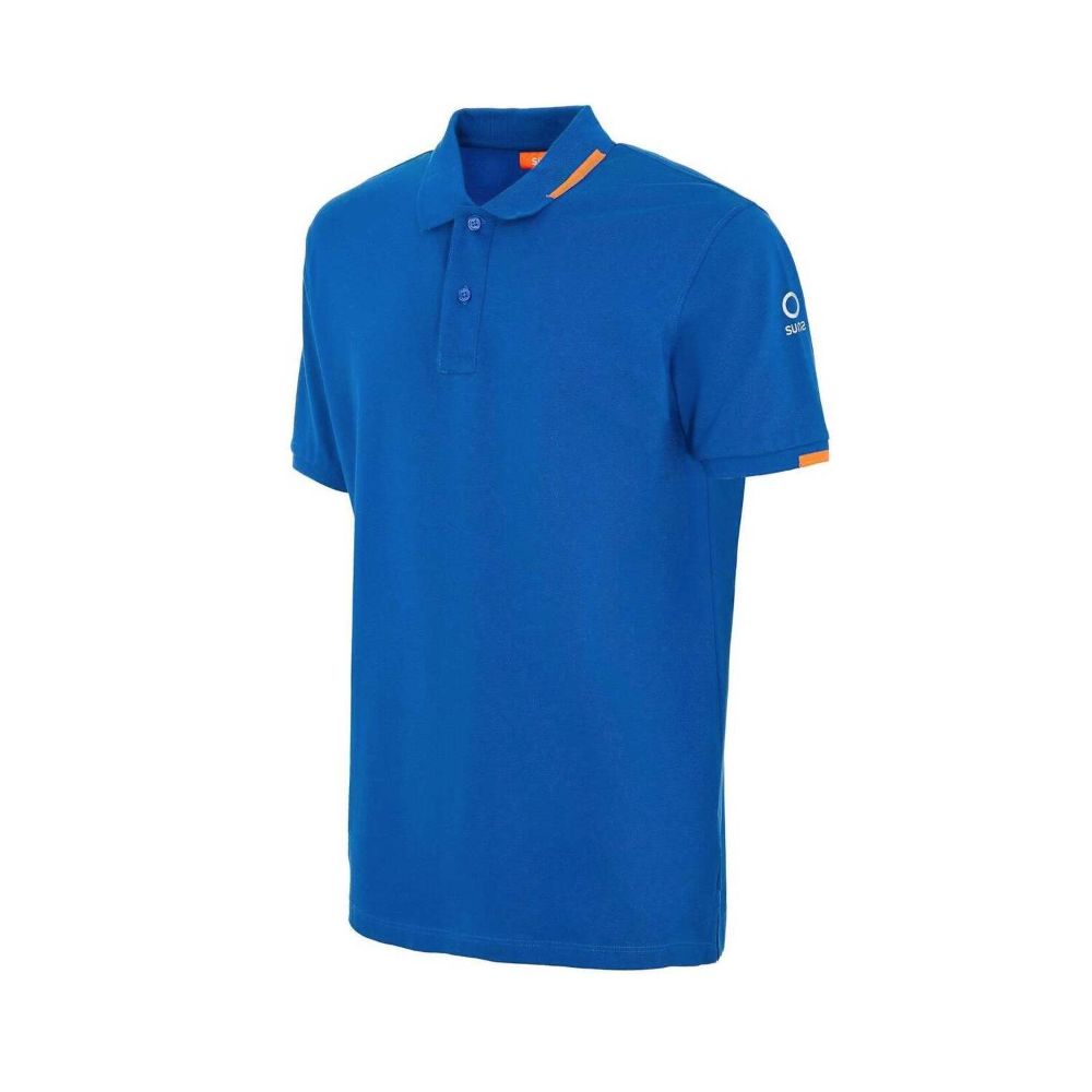 Suns Blue Cotton Polo Shirt featuring ribbed collar, logo on left sleeve, and button closure.