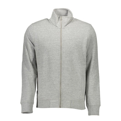 Superdry Gray Cotton Men's Sweater with long sleeves, zipper, and embroidery logo for comfortable casual wear.
