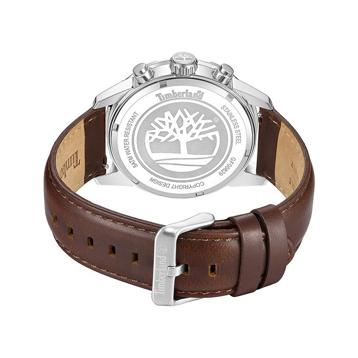 Back view of TIMBERLAND WATCHES Mod. TDWGF0082903 with brown leather strap and stainless steel case.