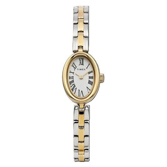 TIMEX WATCHES Mod. TW2Y26800 elegant oval watch with gold-tone accents and stainless steel band