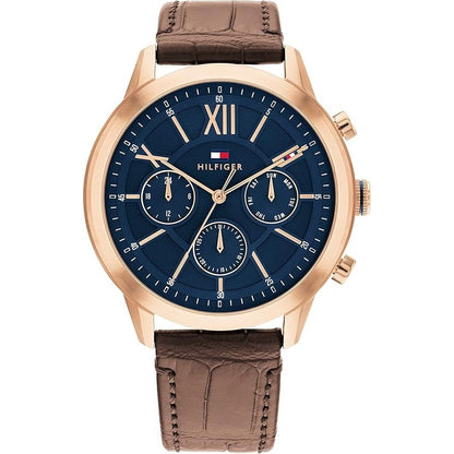 Elegant TOMMY HILFIGER Mod. 1710526 gent's quartz analog watch with brown leather strap, blue dial, and official packaging.