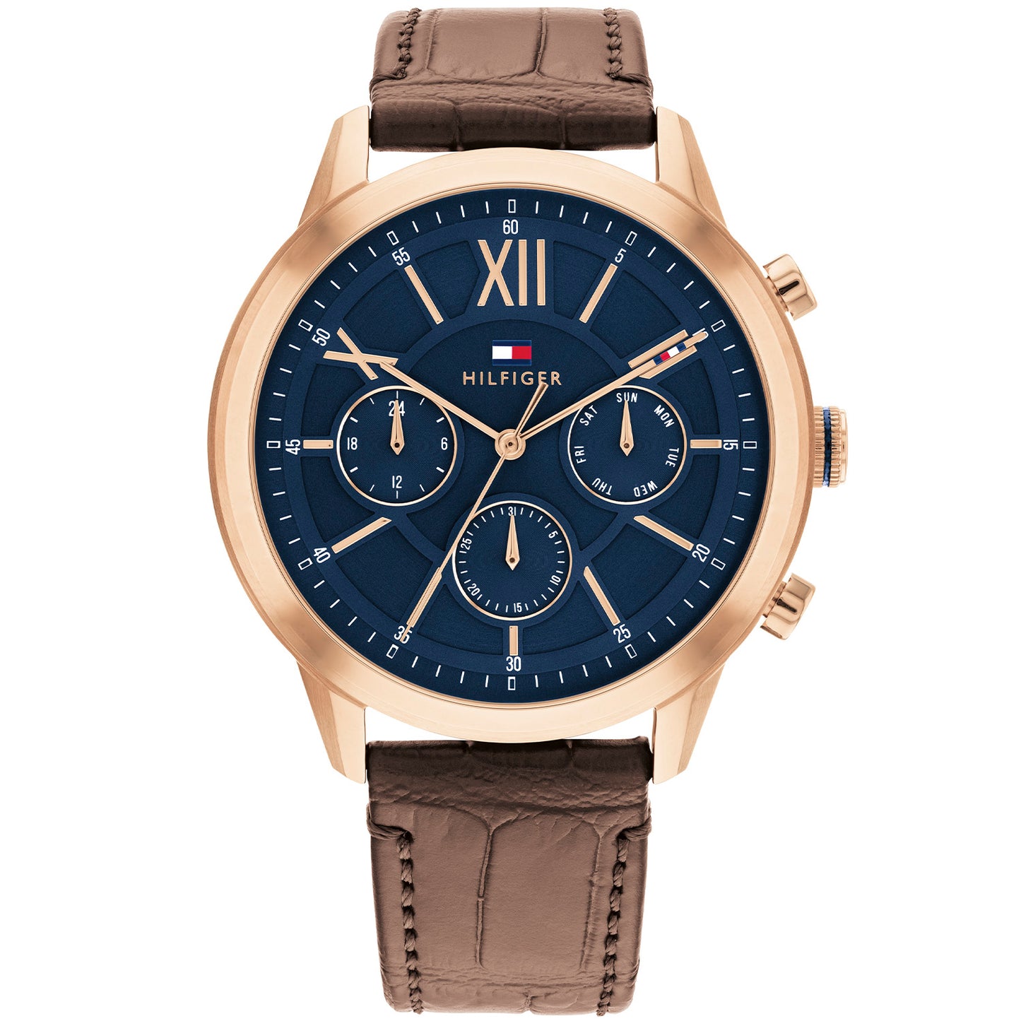 TOMMY HILFIGER Mod. 1710526 gent's quartz analog watch with mineral dial, brown leather strap, 5 ATM water resistance, in official packaging.