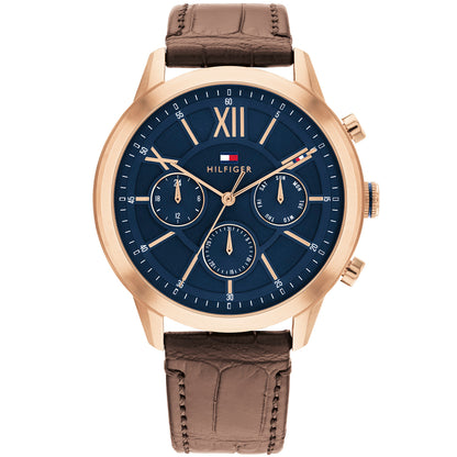 TOMMY HILFIGER Mod. 1710526 gent's quartz analog watch with mineral dial, brown leather strap, 5 ATM water resistance, in official packaging.