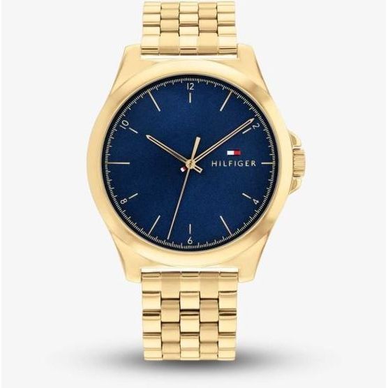 TOMMY HILFIGER Mod. 1710546 gent's quartz analog watch with blue dial, 42mm case, and gold bracelet in official packaging, water-resistant 5 ATM