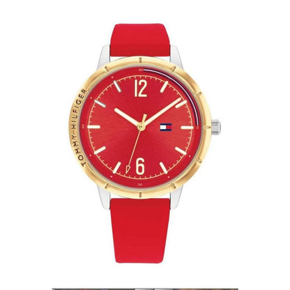TOMMY HILFIGER Mod. 1782561 ladies' watch with red strap, quartz analog movement, mineral dial, and 38mm case in official packaging.