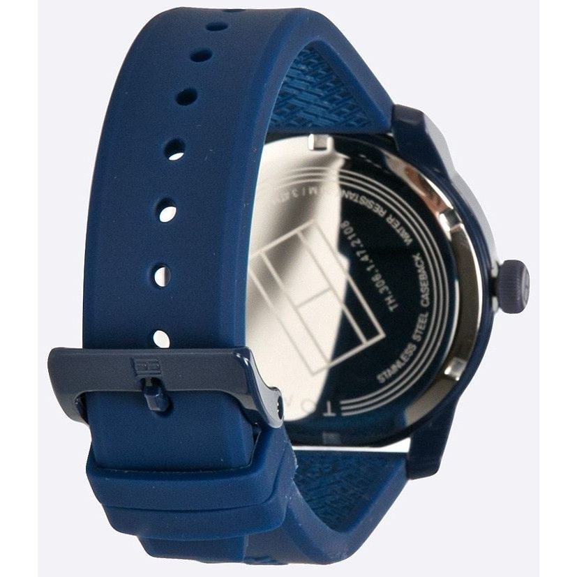 Back view of TOMMY HILFIGER Mod. 1791322 watch with blue strap showcasing stainless steel case and branding