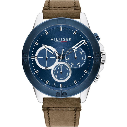 TOMMY HILFIGER Mod. 1791895 men's quartz analog watch with blue dial, mineral glass, 46mm case, water resistant, in official packaging.