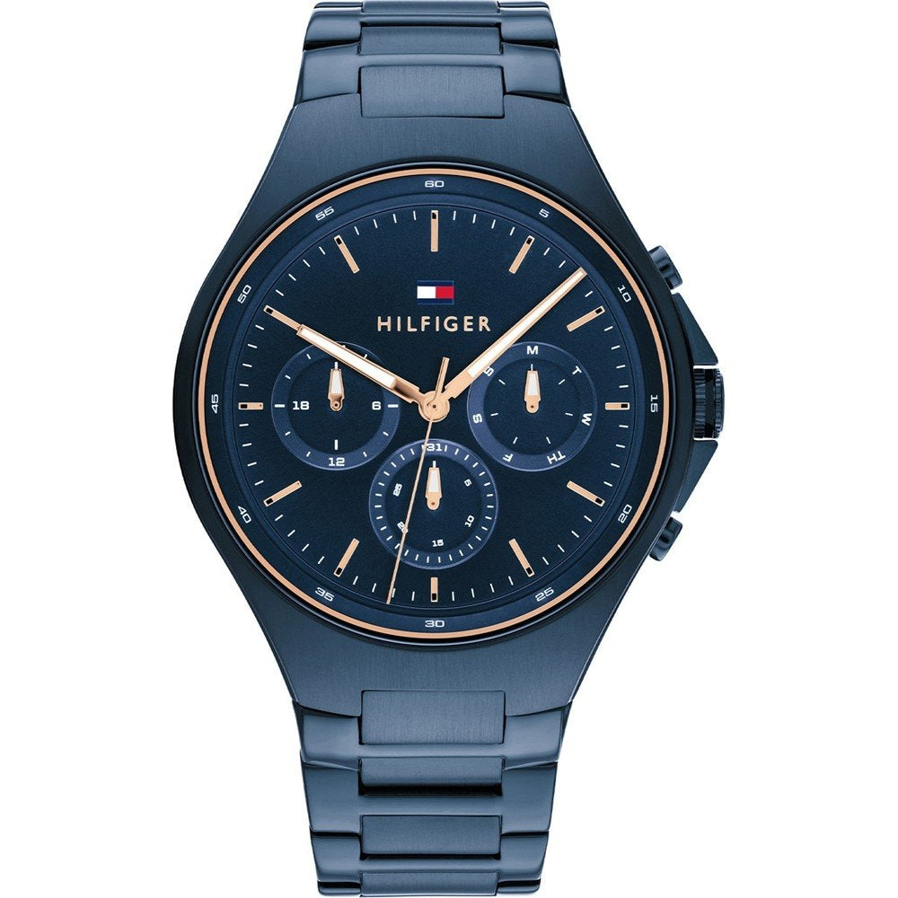 TOMMY HILFIGER Mod. 1792058 gent's quartz analog watch with blue dial, 44mm case, and official box for water-resistant smartwatch elegance.