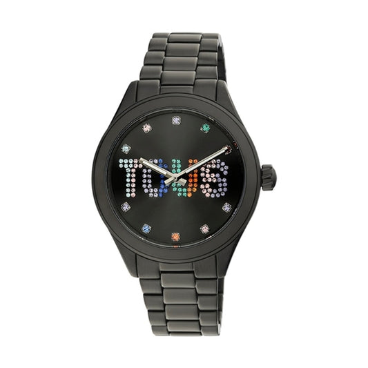 TOUS WATCHES Mod. 200351113 black steel watch with colorful dial detailing on white background
