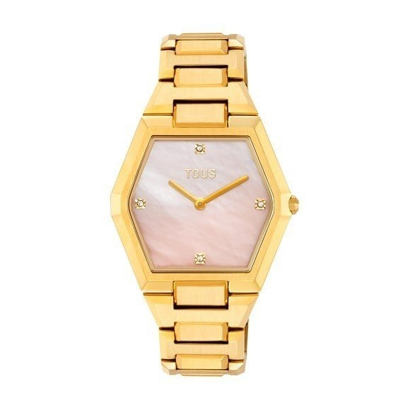 TOUS WATCHES Mod. 3000144700 gold hexagonal watch with pearl face and link bracelet