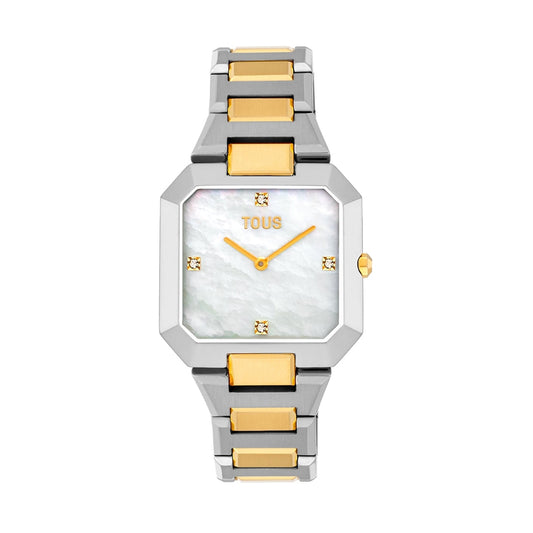 TOUS WATCHES Mod. 3000145000 with gold and silver links and mother-of-pearl face displayed on white background.