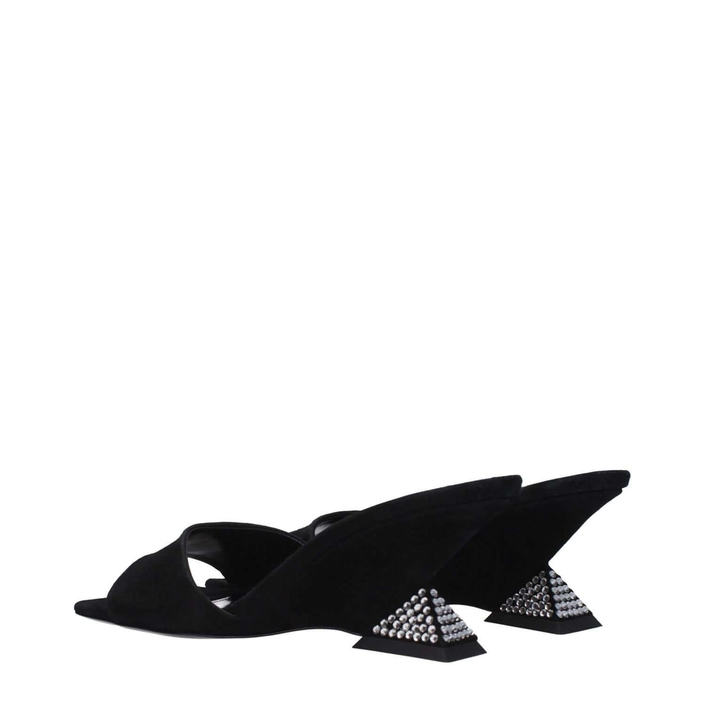 The Attico Black Leather Platform Sandals with open toe, suede texture, leather sole, and stylish wedge heel, side view.