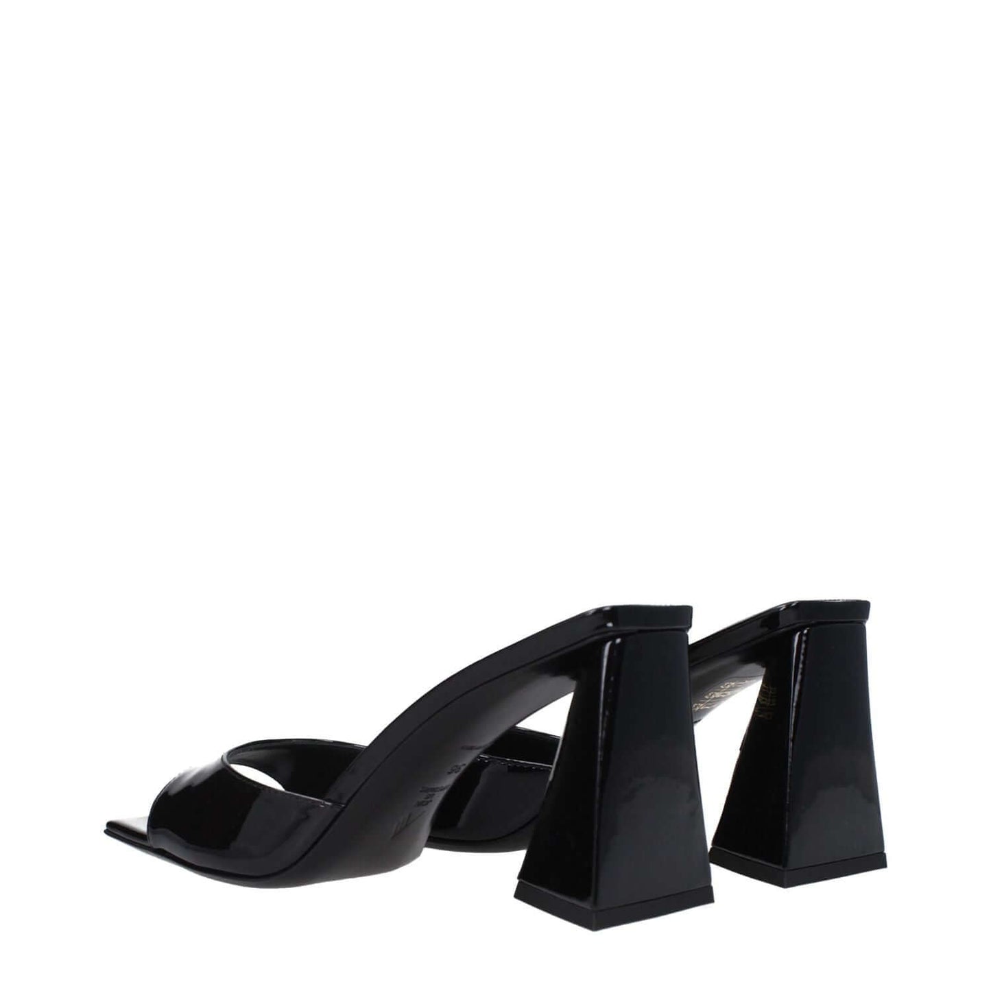 The Attico Black Leather Stiletto Heel Sandals with open toe and mid heels, featuring patent leather design, side view.