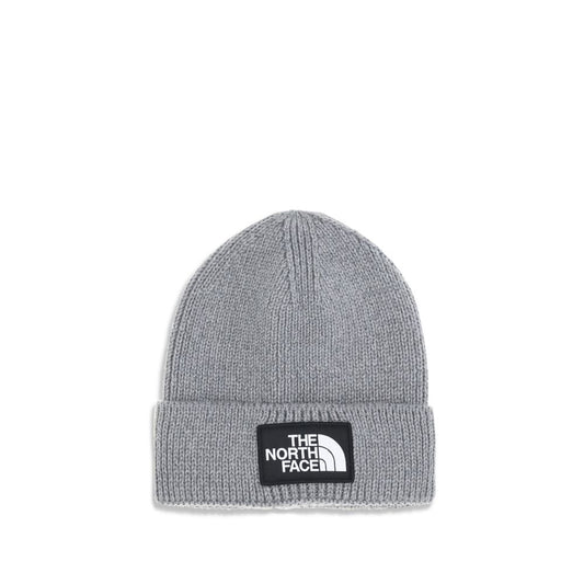 The North Face Gray Marabou Beanie with logo patch on ribbed fabric, ideal for comfort and style in cold seasons.