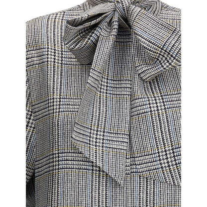 Close-up of Thom Browne Beige Silk Dress Shirt with tweed pattern and detachable bow at collar.