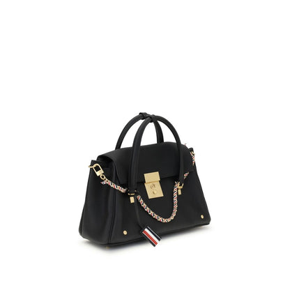 Thom Browne Black Calf Leather Bos Taurus Handbag with brass padlock front closure and grosgrain striped loop detail.