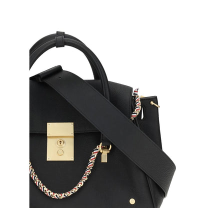 Thom Browne Black Calf Leather Bos Taurus Handbag with brass padlock and ribbon shoulder strap.