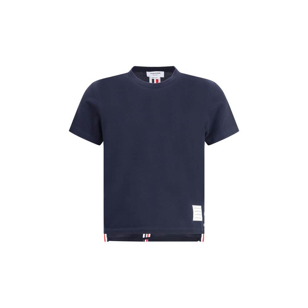 Thom Browne Blue Cotton T-Shirt with logo patch, ribbed crew neck, colored bands, and adjustable side slits.
