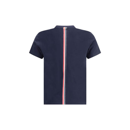 Back view of Thom Browne Blue Cotton T-Shirt featuring vertical colored bands and ribbed crew neck detail.