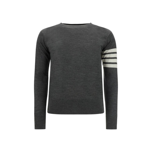 Thom Browne grey fleece wool sweater with ribbed neck and cuffs, iconic contrast stripes on left arm. Made in Italy, AW25.
