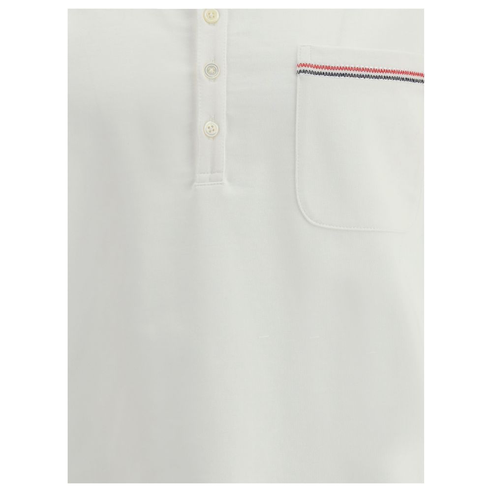 Thom Browne White Cotton Polo Shirt with collar, button closure, and embroidered patch pocket.