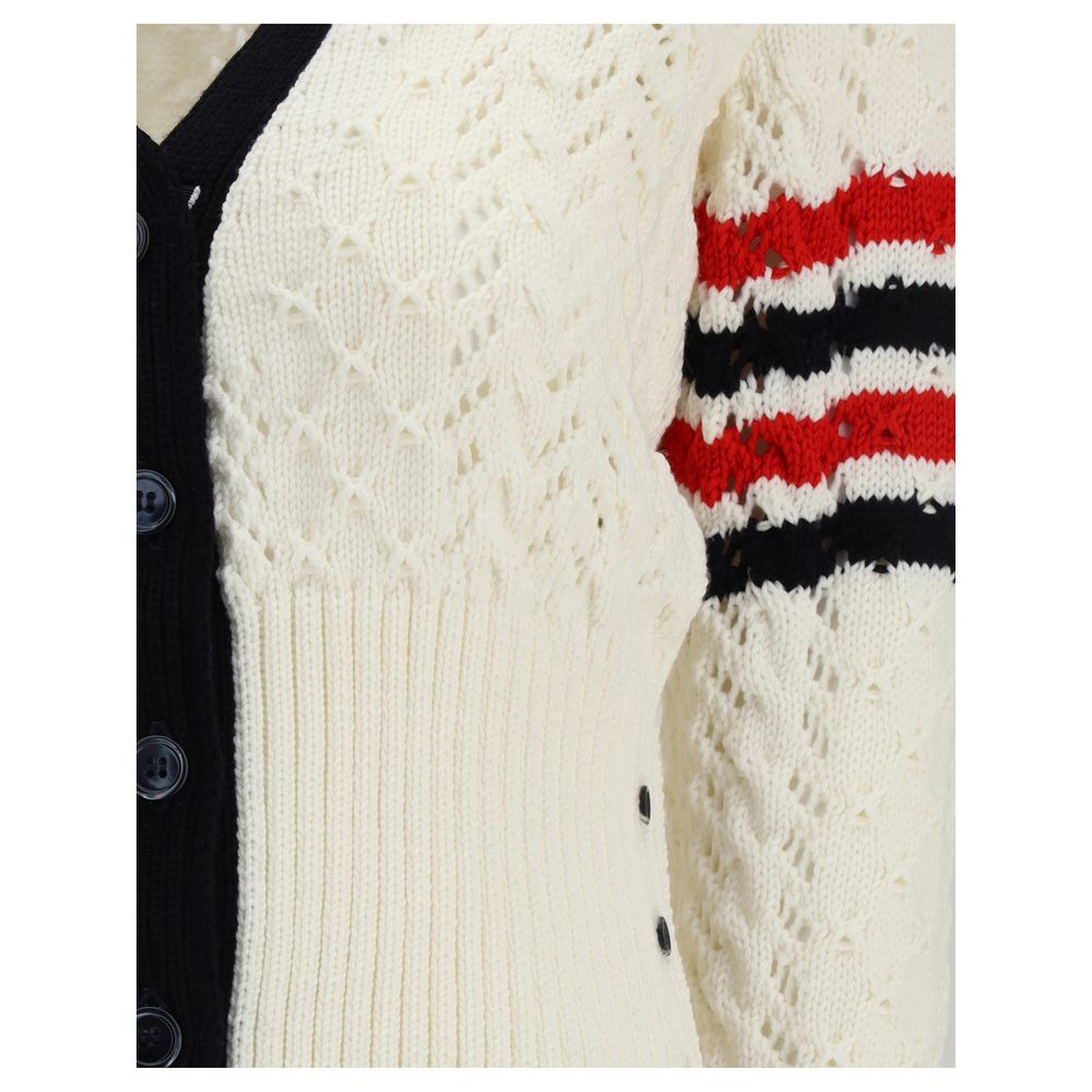 Thom Browne White Fleece Wool Cardigan with textured weave and signature stripe accent, featuring button fastening and ribbed trims.