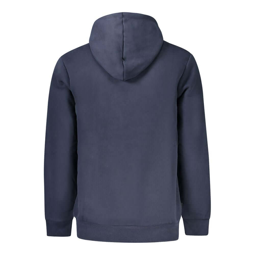 Back view of Timberland Blue Cotton Men Sweater with hood and regular fit, featuring embroidered logo and central pocket.