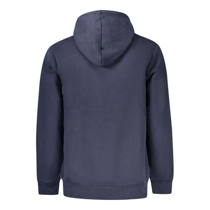 Back view of Timberland Blue Cotton Men Sweater with hood and regular fit, featuring embroidered logo and central pocket.