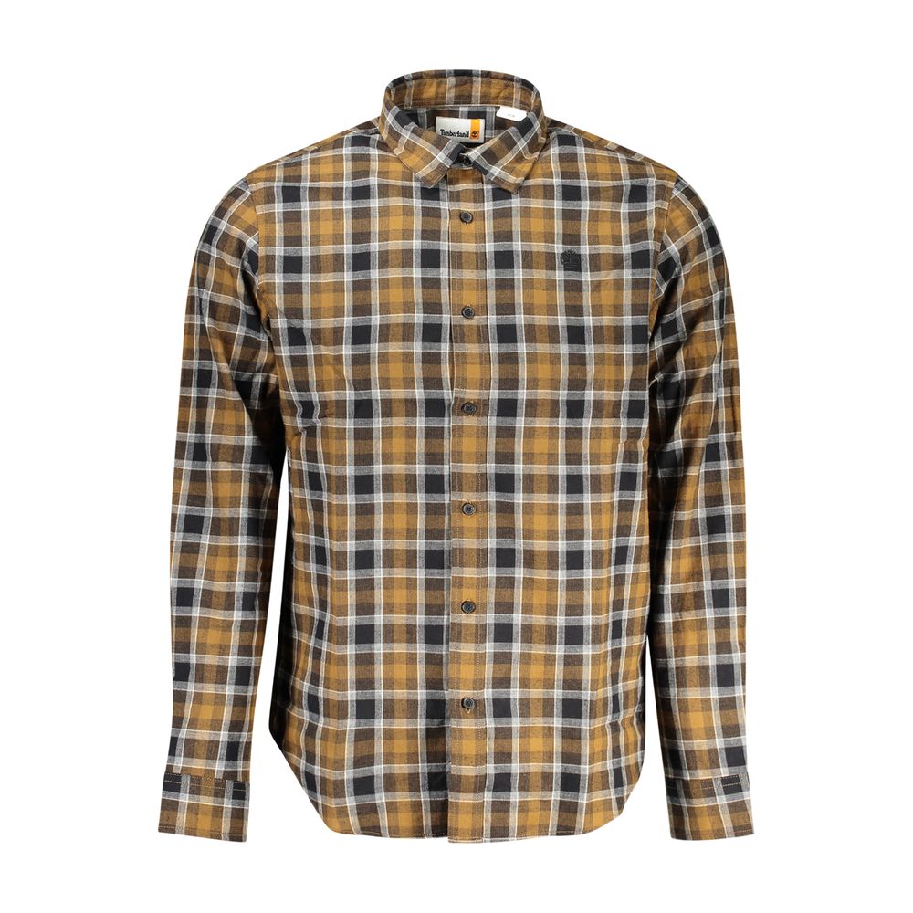 Timberland Brown Cotton Shirt, long sleeve tartan with Italian collar and 1 button cuffs, featuring embroidered logo.