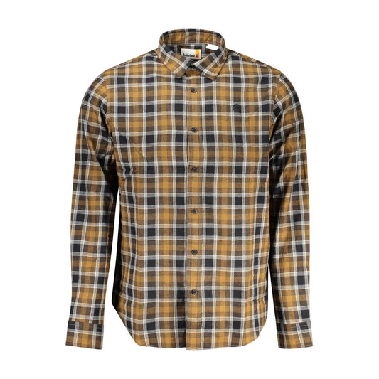 Timberland Brown Cotton Shirt, long sleeve tartan with Italian collar and 1 button cuffs, featuring embroidered logo.