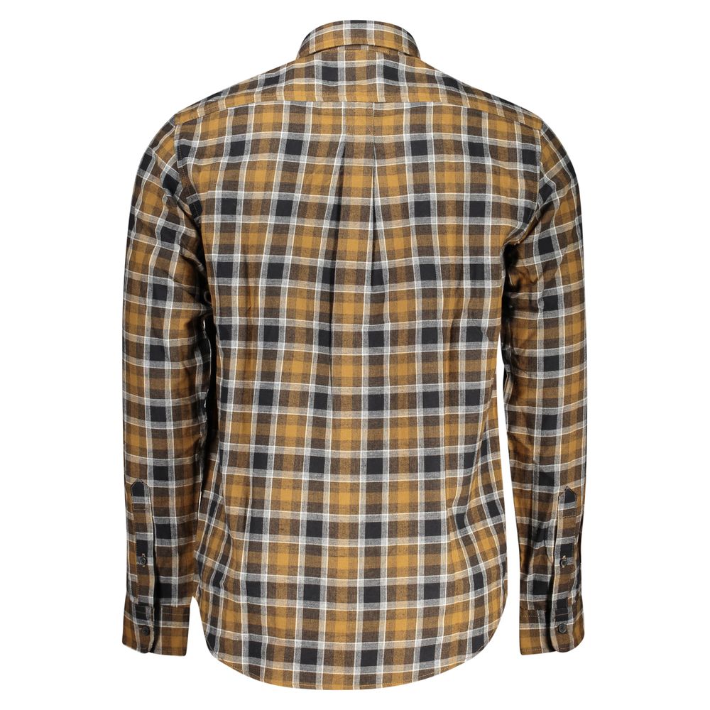 Back view of Timberland Brown Cotton Shirt with tartan pattern, long sleeves, Italian collar, and embroidered logo.