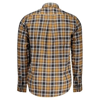 Back view of Timberland Brown Cotton Shirt with tartan pattern, long sleeves, Italian collar, and embroidered logo.
