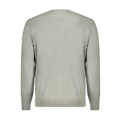 Back view of Timberland Gray Cotton Sweater, long-sleeved crew neck made from 100% organic cotton with logo.