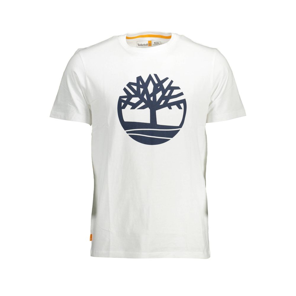 Timberland White Cotton Men T-Shirt with iconic logo, eco-friendly organic cotton material.
