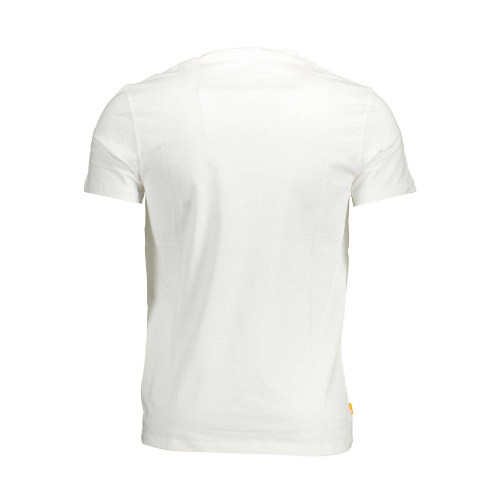 Rear view of Timberland White Organic Cotton Men T-Shirt showcasing sustainable casual style with iconic logo on back.