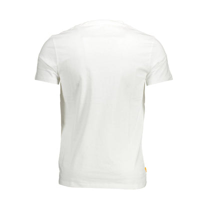 Rear view of Timberland White Organic Cotton Men T-Shirt showcasing sustainable casual style with iconic logo on back.