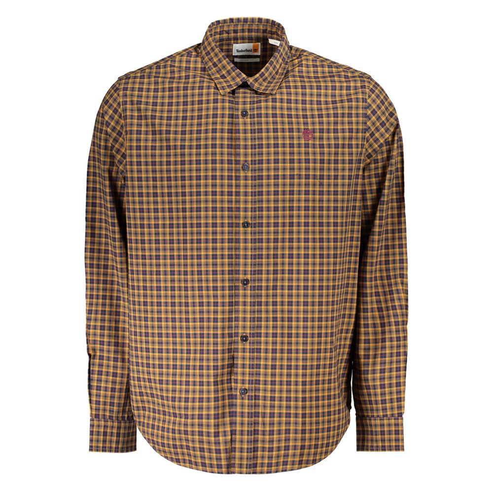 Alt Tag: Timberland Yellow Cotton Shirt with tartan pattern, long sleeves, Italian collar, embroidery, and 1 button cuffs.