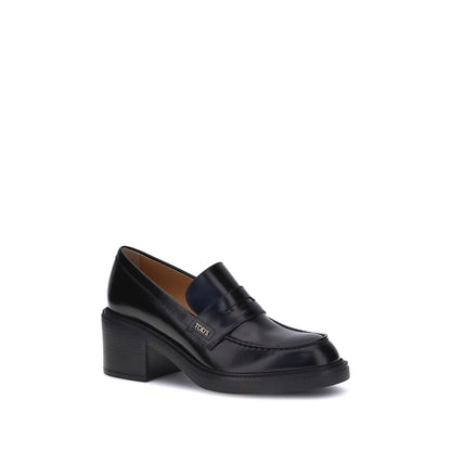 Tod's Black Calf Leather Bos Taurus Platform Loafers with chunky heel and round toe, showcasing contemporary style and elegance.