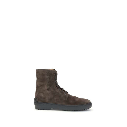Tod's Brown Leather Lace-Up Boots with rubber lug sole, side view.