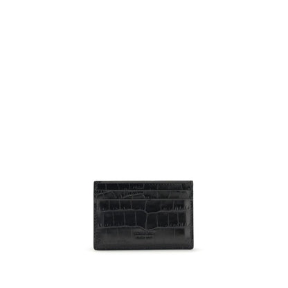 Tom Ford Black Leather Wallet with croco print, featuring gold logo and card slots, 100% leather, AW25 season accessory.