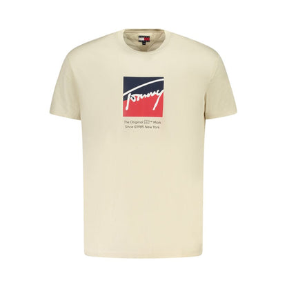 Tommy Hilfiger Beige Cotton Men T-Shirt with logo, crew neck design, and sustainable fabric for stylish comfort.