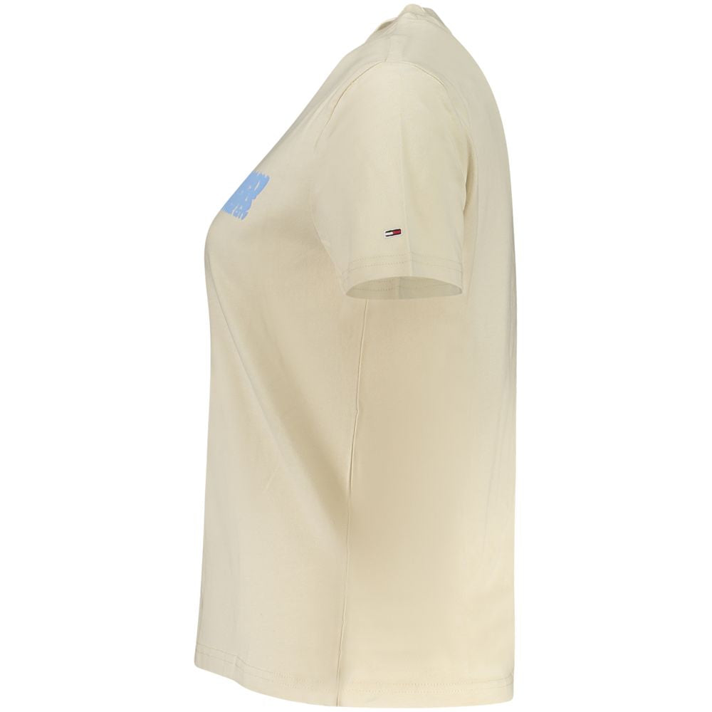 Side view of Tommy Hilfiger Beige Cotton Women T-Shirt with logo embroidery and vibrant print.